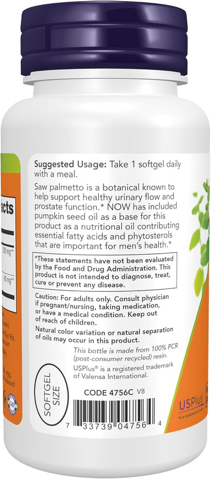 NOW Supplements, Saw Palmetto Extract 320 mg with Pumpkin Seed Oil, Men's Health*, 90 Veg Softgels Gsupps Australia