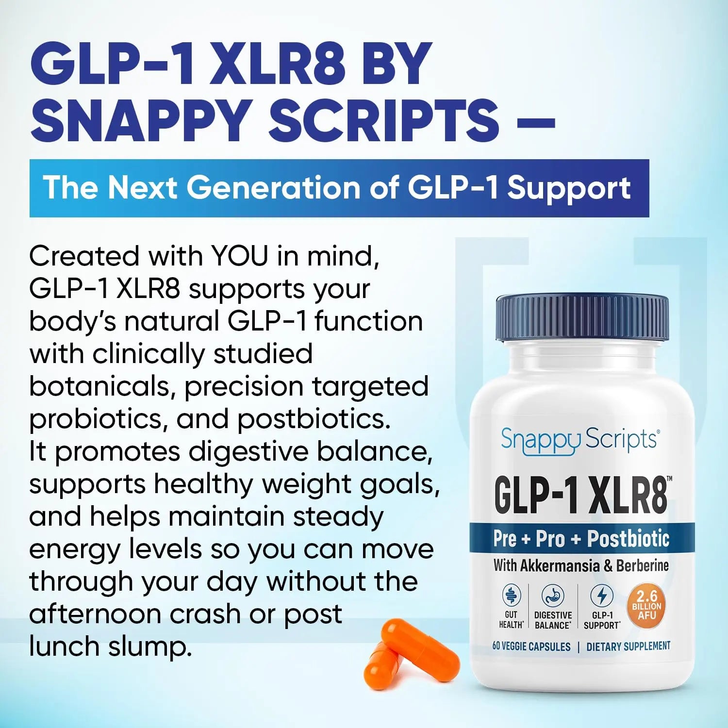 GLP-1 XLR8 Supplement for Weight Loss, Digestion, Constipation, Bloating Relief with Akkermansia 2.6 Billion AFU Live Prebiotic Probiotic Postbiotic Gut Health + Berberine for Women Men 360 Capsules Snappy Scripts buy australia supplements