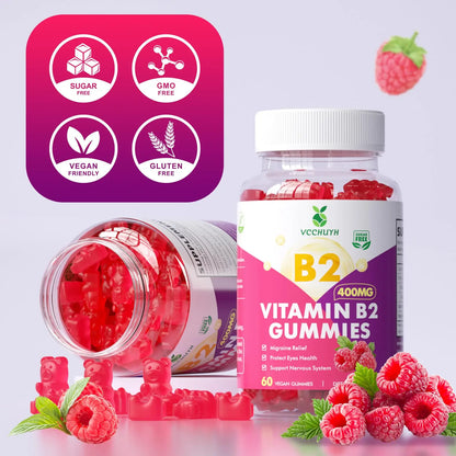 VCCHUYH Vitamin B2 Gummies for Kids & Adults, VIT B2 Riboflavin 400mg Supplement with Magnesium for Migraine Relief & Nervous System Support, Non-GMO, VCCHUYH
