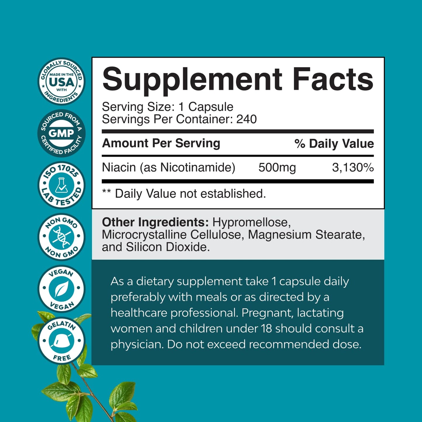 Vitamin B3 Niacinamide 500mg Capsules - Mitochondrial Energy and Potent Skin Supplement - Vitamin B3 Niacin Flush Free and Nicotinamide 500mg - Flush Free Niacin Supplement - 60 Count Gsupps Australia