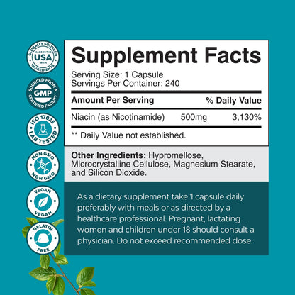 Vitamin B3 Niacinamide 500mg Capsules - Mitochondrial Energy and Potent Skin Supplement - Vitamin B3 Niacin Flush Free and Nicotinamide 500mg - Flush Free Niacin Supplement - 60 Count Gsupps Australia