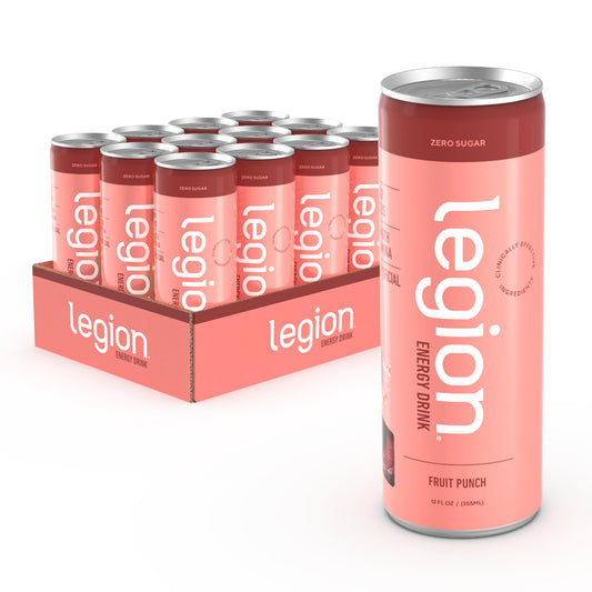 Legion Energy Drink - Naturally Sweetened and Flavored Healthy Energy Drinks - Sugar Free Energy Drinks w/Natural Caffeine, Theanine, Taurine, Citicoline and B Complex Vitamins (12 Pack) Fruit Punch