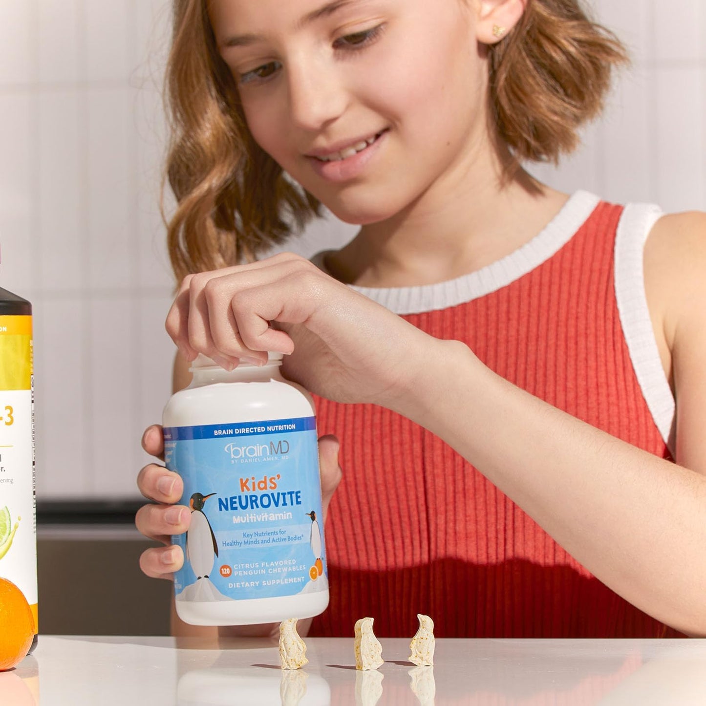 BRAINMD Dr Amen Kids’ NeuroVite, Orange Flavor - 120 Penguin-Shaped Chewables - Multivitamin & Mineral Supplement - Promotes Healthy Development & Growth - Gluten Free - 60 Servings