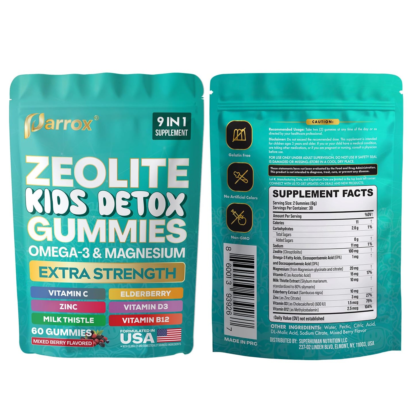 Parrox Zeolite Kids Gummies, 9-in-1 with Zeolite, Omega-3, Magnesium, Elderberry, Vitamin C, Milk Thistle, Vitamin D3, Zinc, B12 – Sugar-Free Parrox