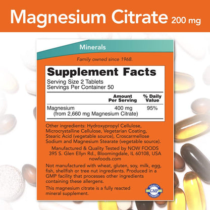 NOW Supplements, Magnesium Citrate, Enzyme Function*, Nervous System Support*, 120 Veg Capsules Gsupps Australia
