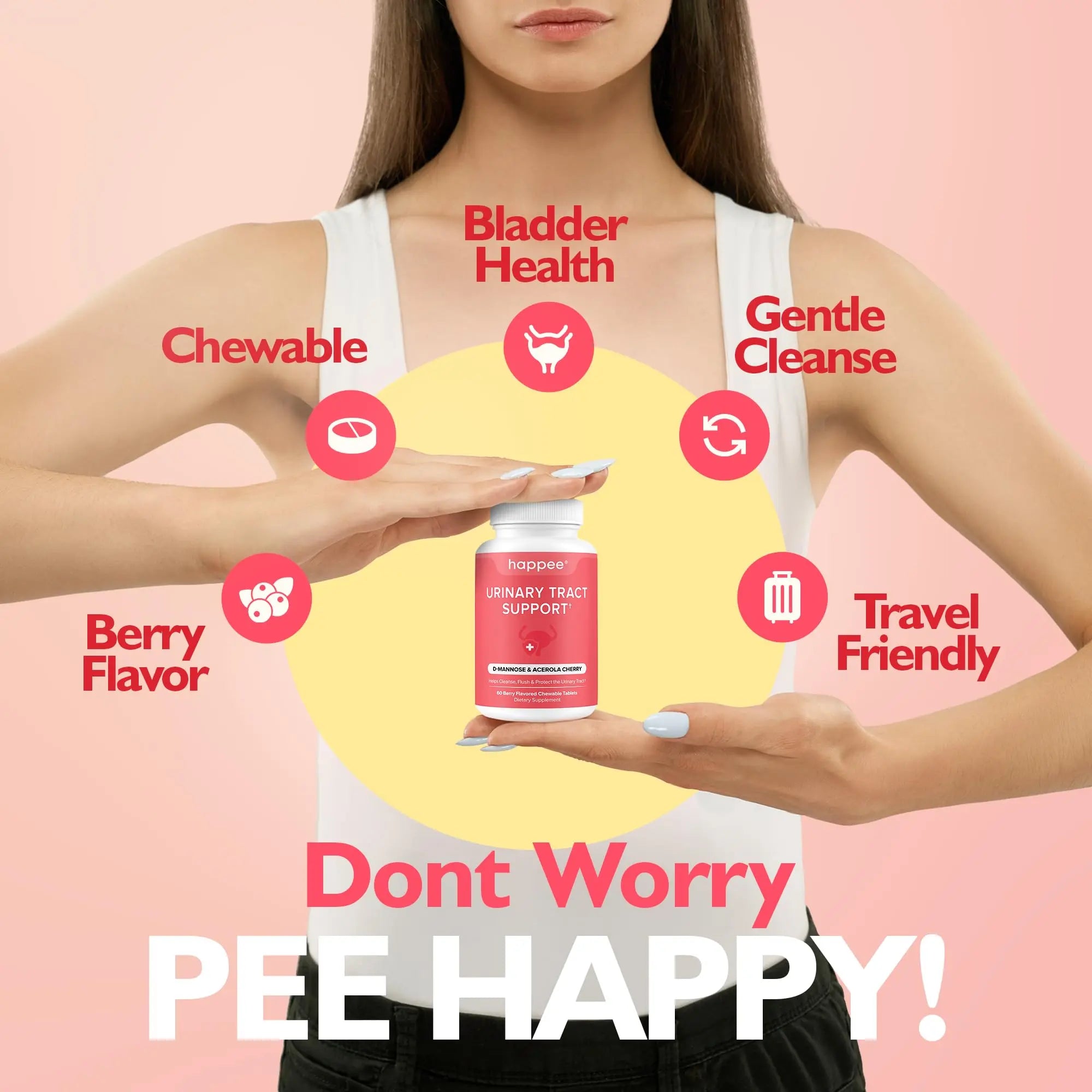 Happee Urinary Tract Health Supplement for Women & Men – Fast-Acting UTI Relief and Prevention, 500mg D-Mannose & Antioxidants, Supports Kidney and Bladder Health, Berry Flavor, 60 Chewables Happee buy australia supplements