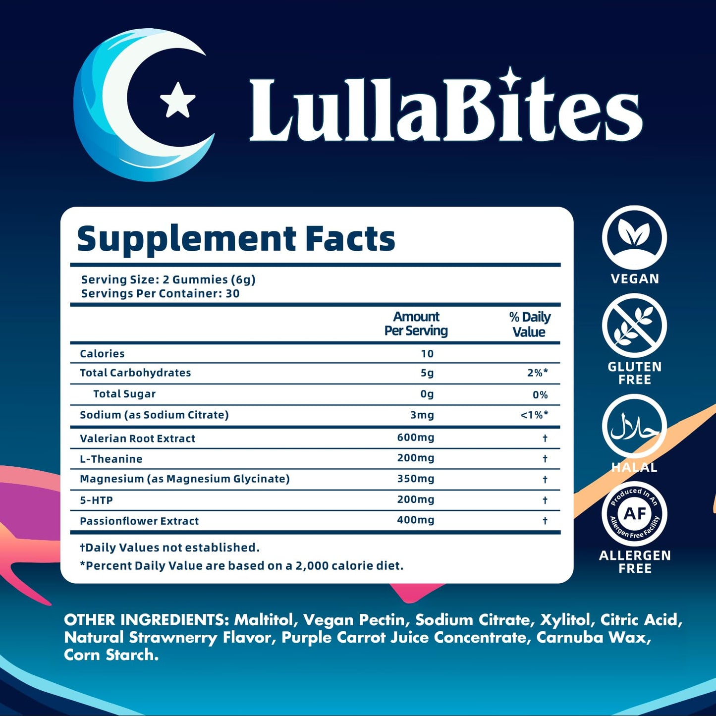 LullaBites - Natural Sleep Gummies - Made in USA - With 5-HTP, L-Theanine, Magnesium & Valerian Root - Melatonin Free - Vegan - Halal - Sugar, Gluten Free - Sweet Strawberry LullaBites
