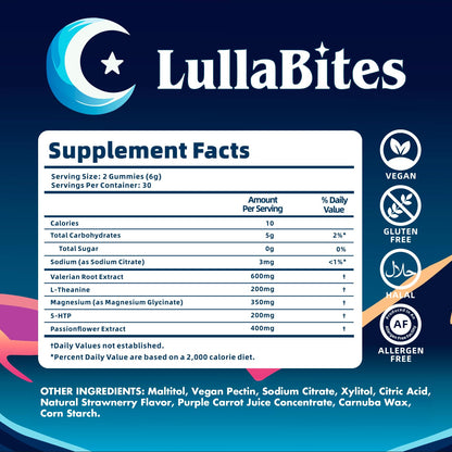 LullaBites - Natural Sleep Gummies - Made in USA - With 5-HTP, L-Theanine, Magnesium & Valerian Root - Melatonin Free - Vegan - Halal - Sugar, Gluten Free - Sweet Strawberry LullaBites