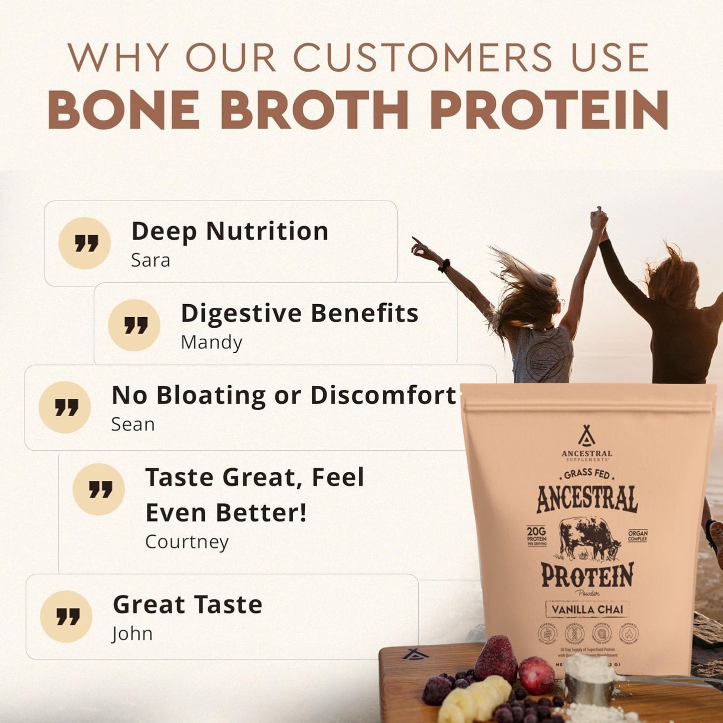 Ancestral Supplements Grass Fed Protein Powder, Chocolate, Beef Bone Broth Based w/Beef Organs & Organic Mushrooms, Gut Health Support, High Protein Supplement, 20g Protein Per Serving, 30 Day Supply