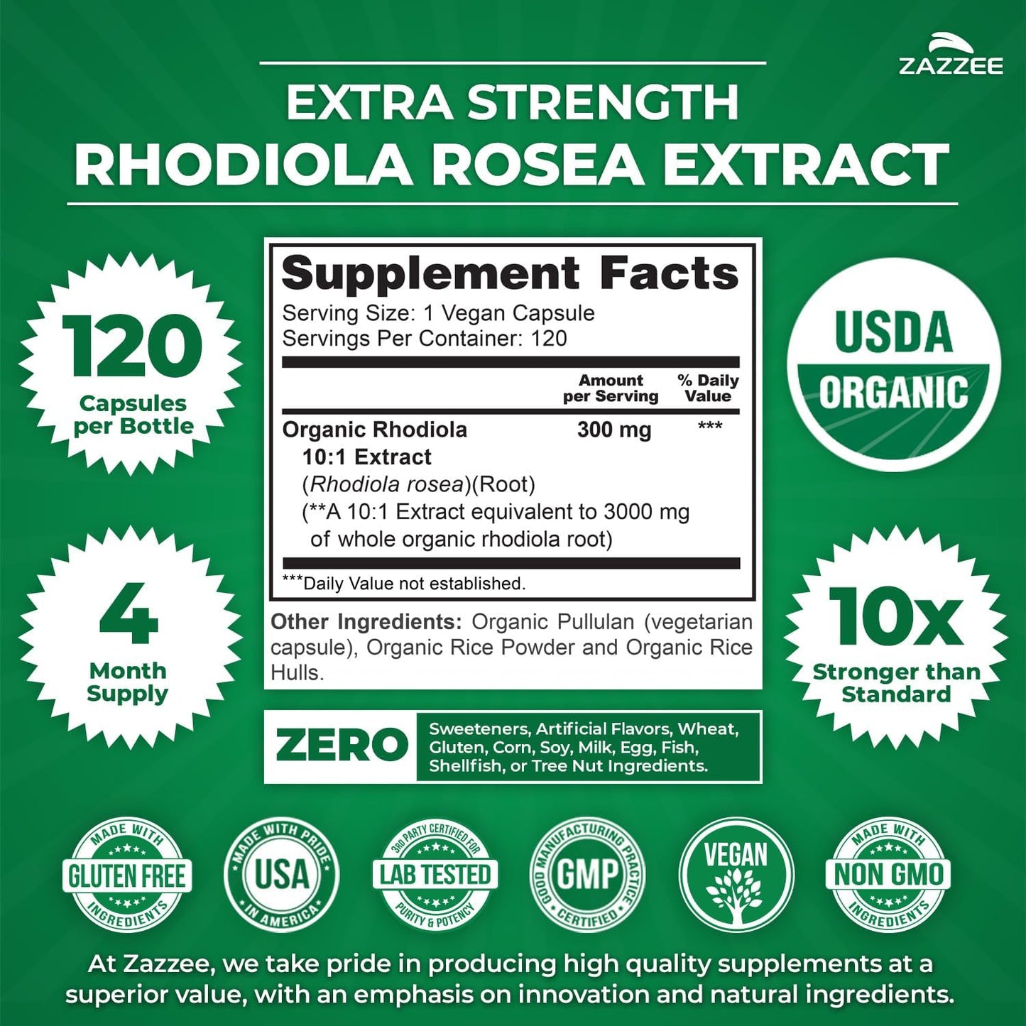 Zazzee USDA Organic Rhodiola 10:1 Extract, 120 Capsules, 4 Month Supply | Energy, Stress & Mental Focus Support, Rhodiola Rosea, Organic Herbal Supplement, All-Natural, Non-GMO, Made in the USA Gsupps Australia