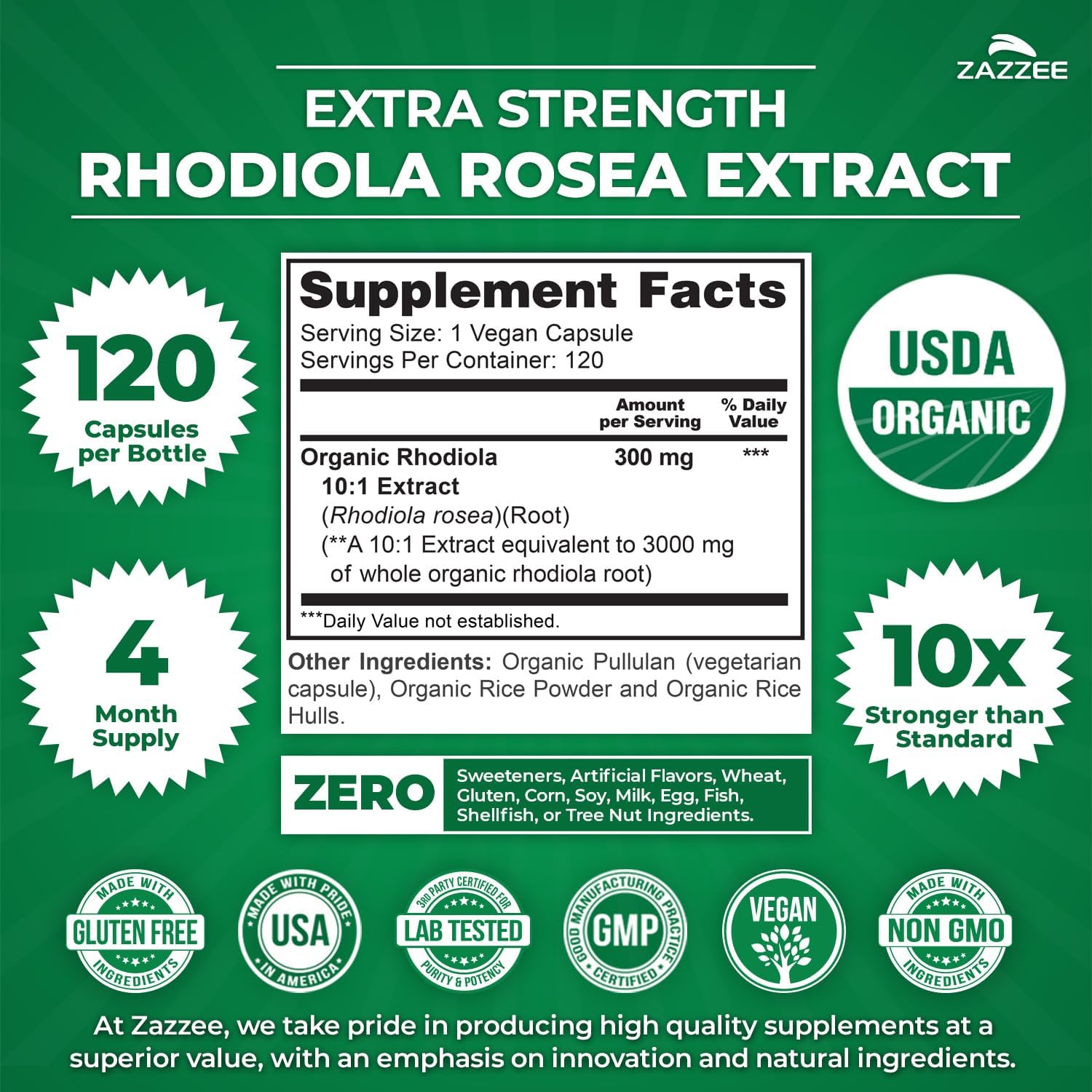Zazzee USDA Organic Rhodiola 10:1 Extract, 120 Capsules, 4 Month Supply | Energy, Stress & Mental Focus Support, Rhodiola Rosea, Organic Herbal Supplement, All-Natural, Non-GMO, Made in the USA Gsupps Australia