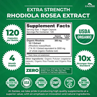Zazzee USDA Organic Rhodiola 10:1 Extract, 120 Capsules, 4 Month Supply, Rhodiola Rosea, Energy, Stress & Mental Focus Support, Concentrated 10X Extract Zazzee