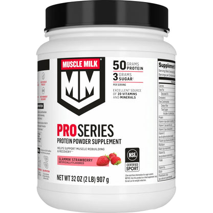 Muscle Milk Pro Series Protein Powder Supplement, Slammin' Strawberry, 2 Pound, 11 Servings, 50g Protein, 3g Sugar, 20 Vitamins & Minerals, NSF Certified for Sport, Packaging May Vary Muscle Milk