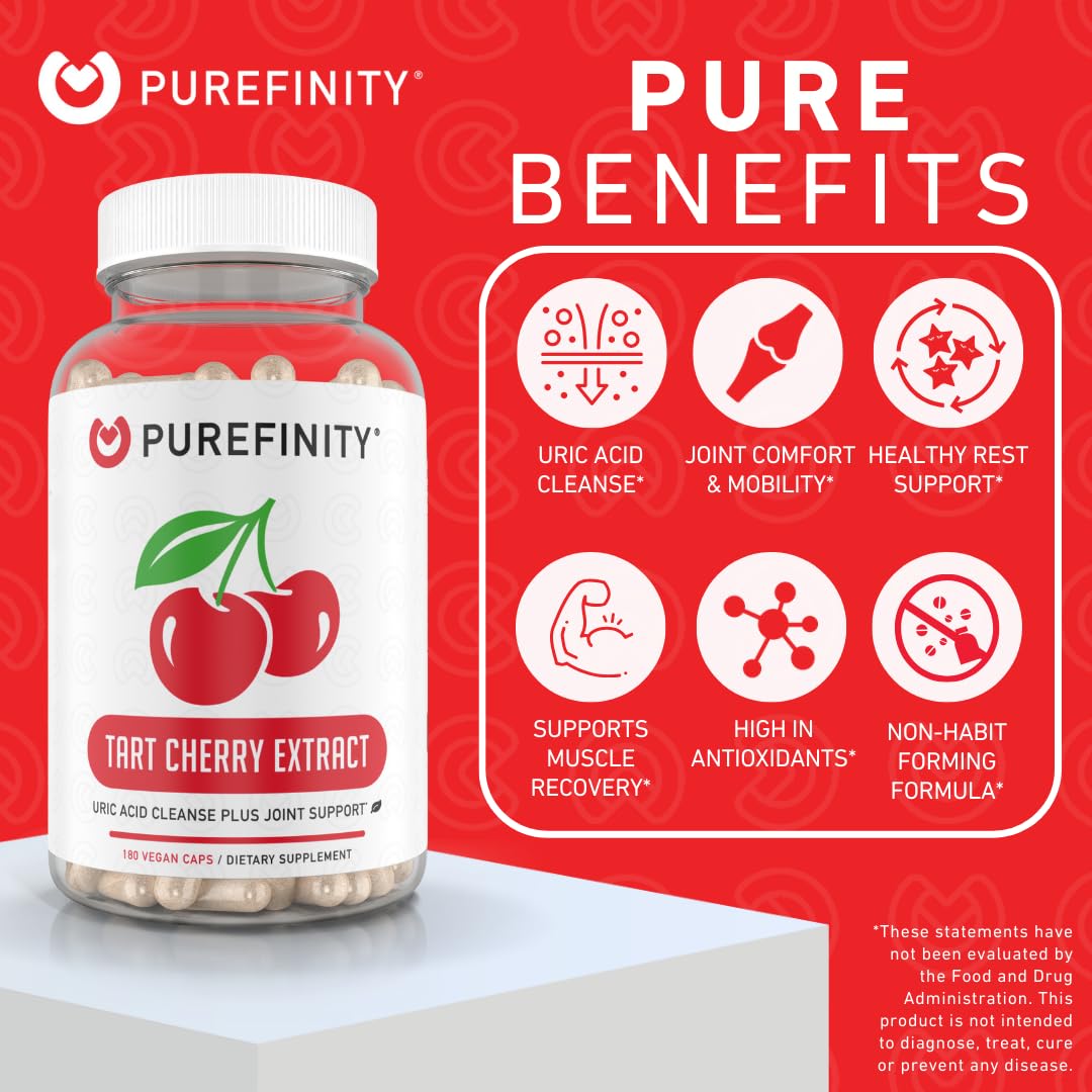 PUREFINITY Tart Cherry Capsules – Uric Acid Flush & Cleanse to Support Joint & Muscle Comfort with Raw Tart Cherry Extract, Non-GMO, Gluten Free, Vegan – 180 Count (6 Month Supply)