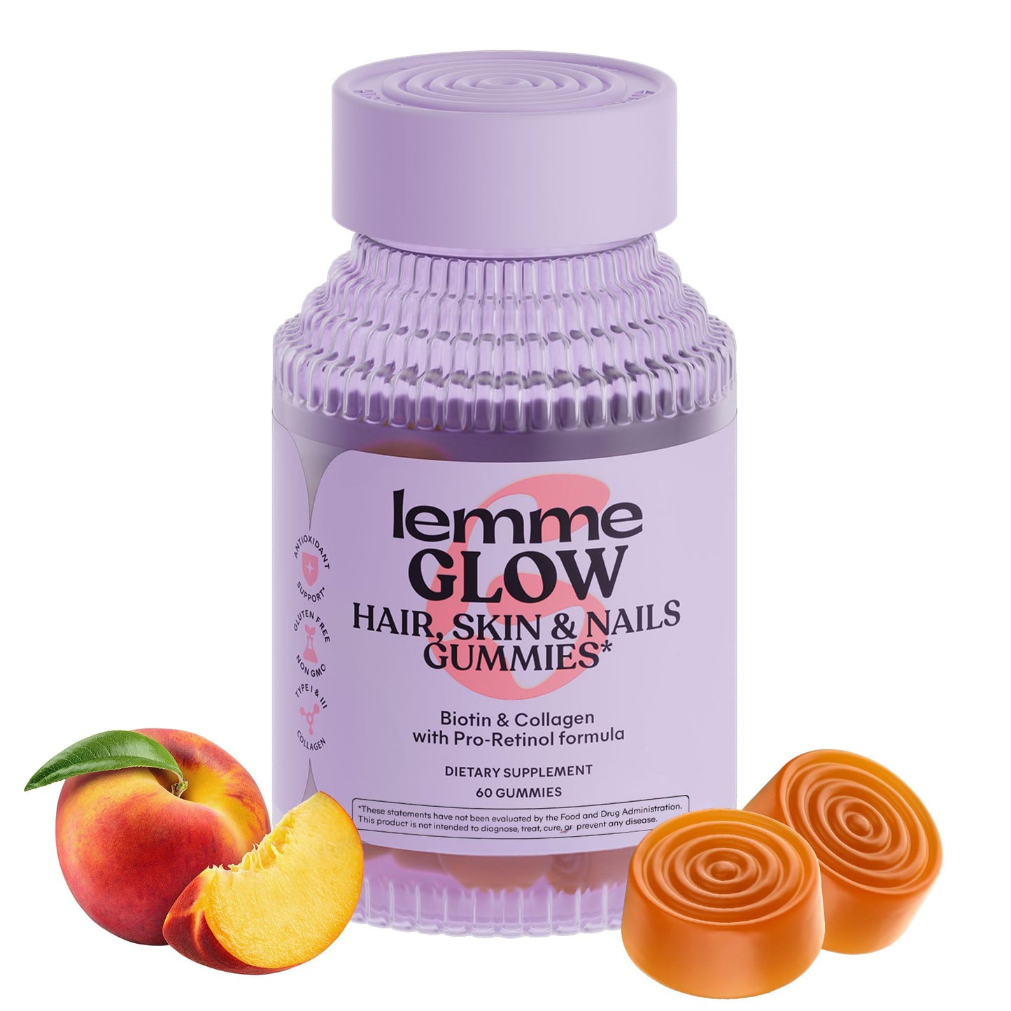 Lemme Glow Collagen Gummies for Thick Hair, Strong Nails & Healthy Skin with Multi-Collagen Peptides, Biotin, Trace Minerals, Zinc, Vitamins A, C & E Lemme