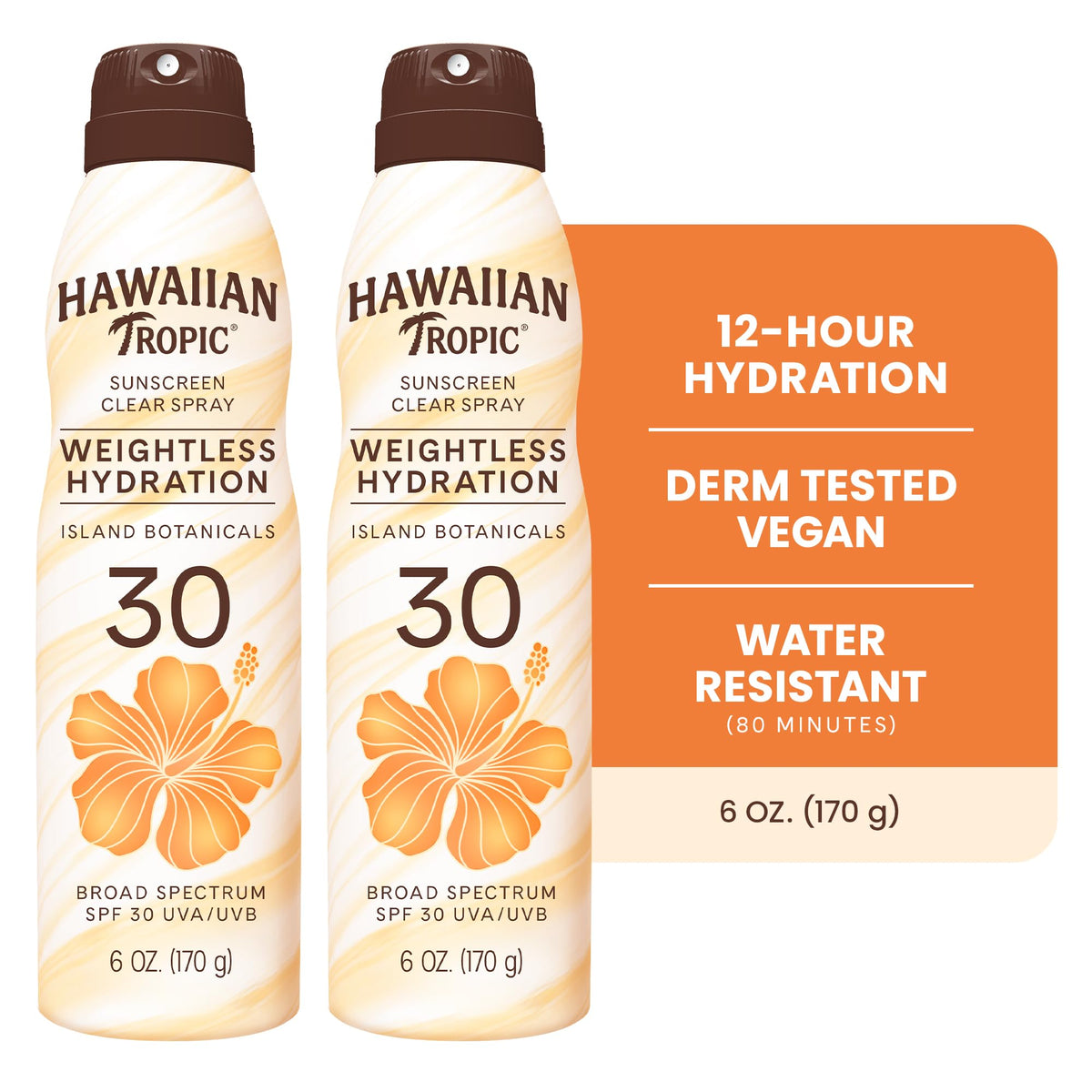 Hawaiian Tropic Weightless Hydration SPF 30 Sunscreen Spray, 6 Oz (2 Pack) Hawaiian Tropic