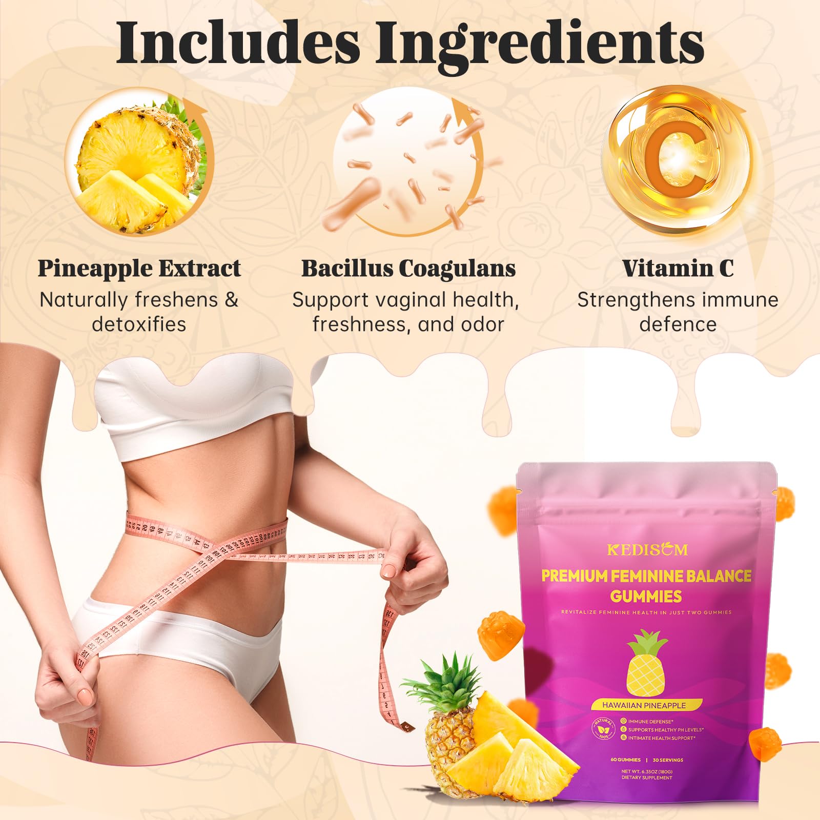 KEDISOM Premium Feminine Balance Gummies - for Women’s Health & Wellness - Immune Support - Vegan, Gluten-Free - Hawaiian Pineapple - 60 Gummies - 30 Servings KEDISOM buy australia supplements