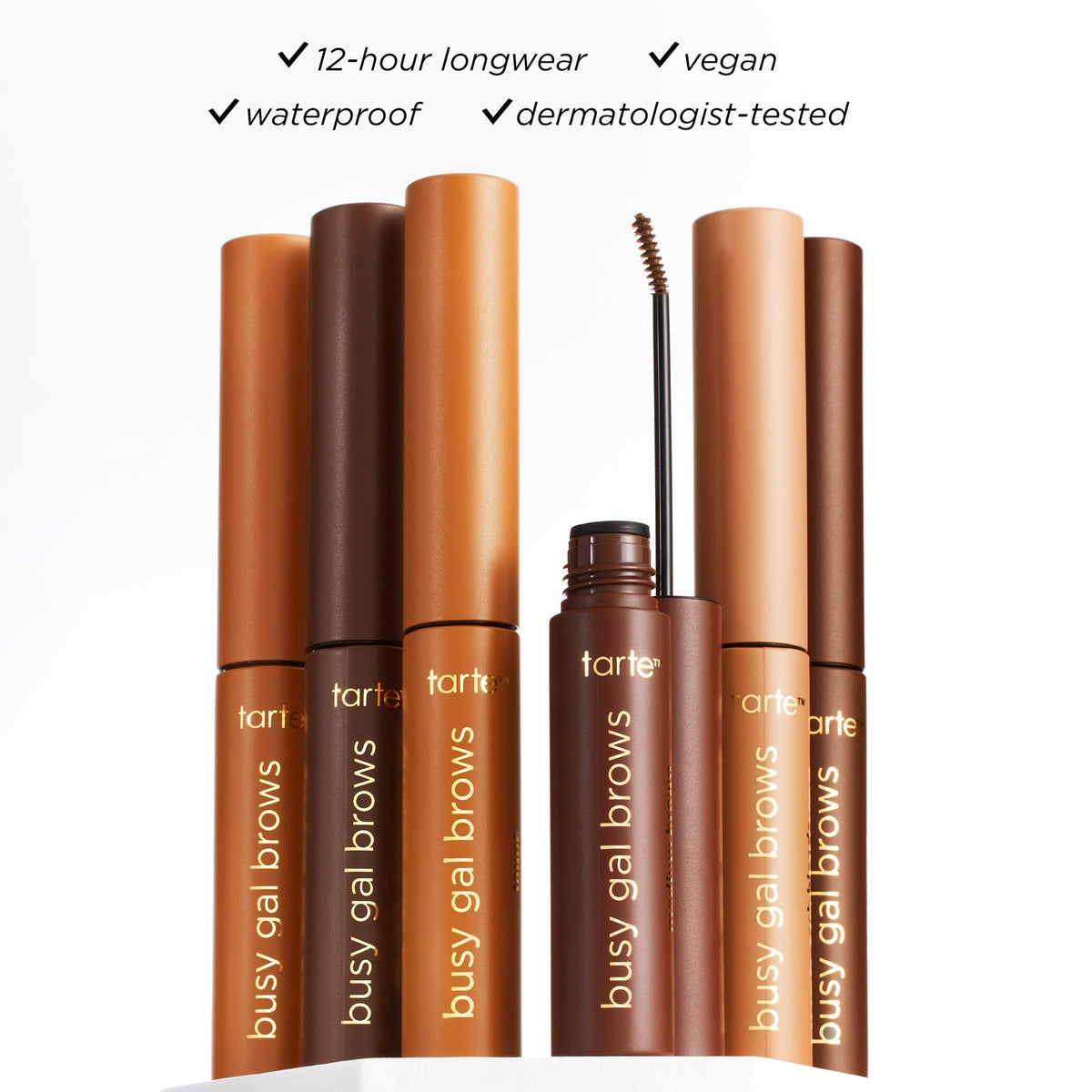 tarte busy gal tinted brow gel – 3-in-1 Waterproof Longwear Eyebrow Gel to Shape, Tint & Set Brows, Infused with Vitamin E, Vegan & Cruelty-Free, full size, med brown tarte