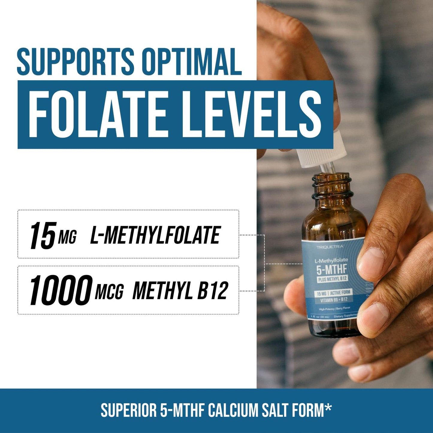 L Methyl Folate 15mg Plus Methyl B12 Cofactor – Organic Berry Flavor, High Potency Liquid Sublingual Active 5-MTHF Form - Supports Mood, Methylation Triquetra Health