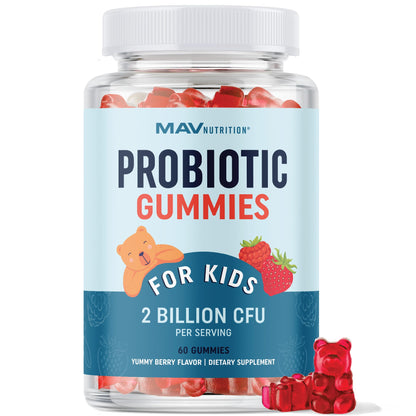 Kids Probiotic Gummies | 2 Billion Probiotics + 100mg Prebiotic Fiber for Immune & Digestion Support | Low Sugar Per Serving | For Children Ages 2+ | Gluten-Free, MAV NUTRITION