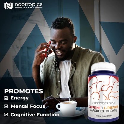 Nootropics Depot Caffeine and L-Theanine Capsules | 60 Count | Contains 200mg of Caffeine and 100mg of L-Theanine | Natural Supplement | Energy Booster | Mental Focus + Alertness | Coffee Alternative
