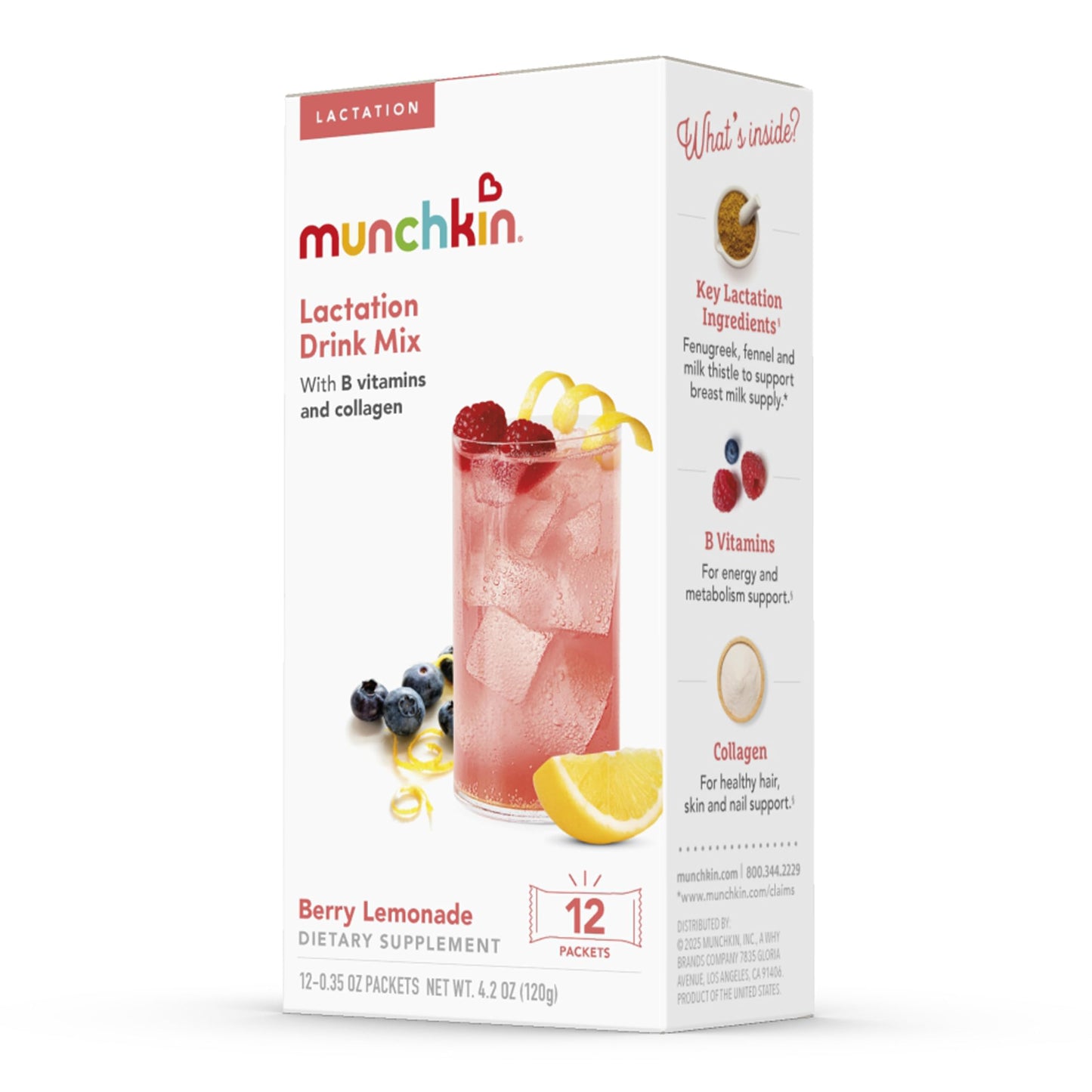 Munchkin Milkmakers Lactation Drink Mix Supplement with B Vitamins/Collagen/Fenugreek & Milk Thistle for Breastfeeding Moms, Berry Lemonade, 12 Count Munchkin