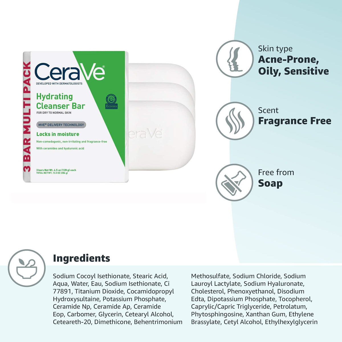 CeraVe Hydrating Cleanser Bar, Face Wash with 5% Moisturizing Cream, 3-Pack CeraVe
