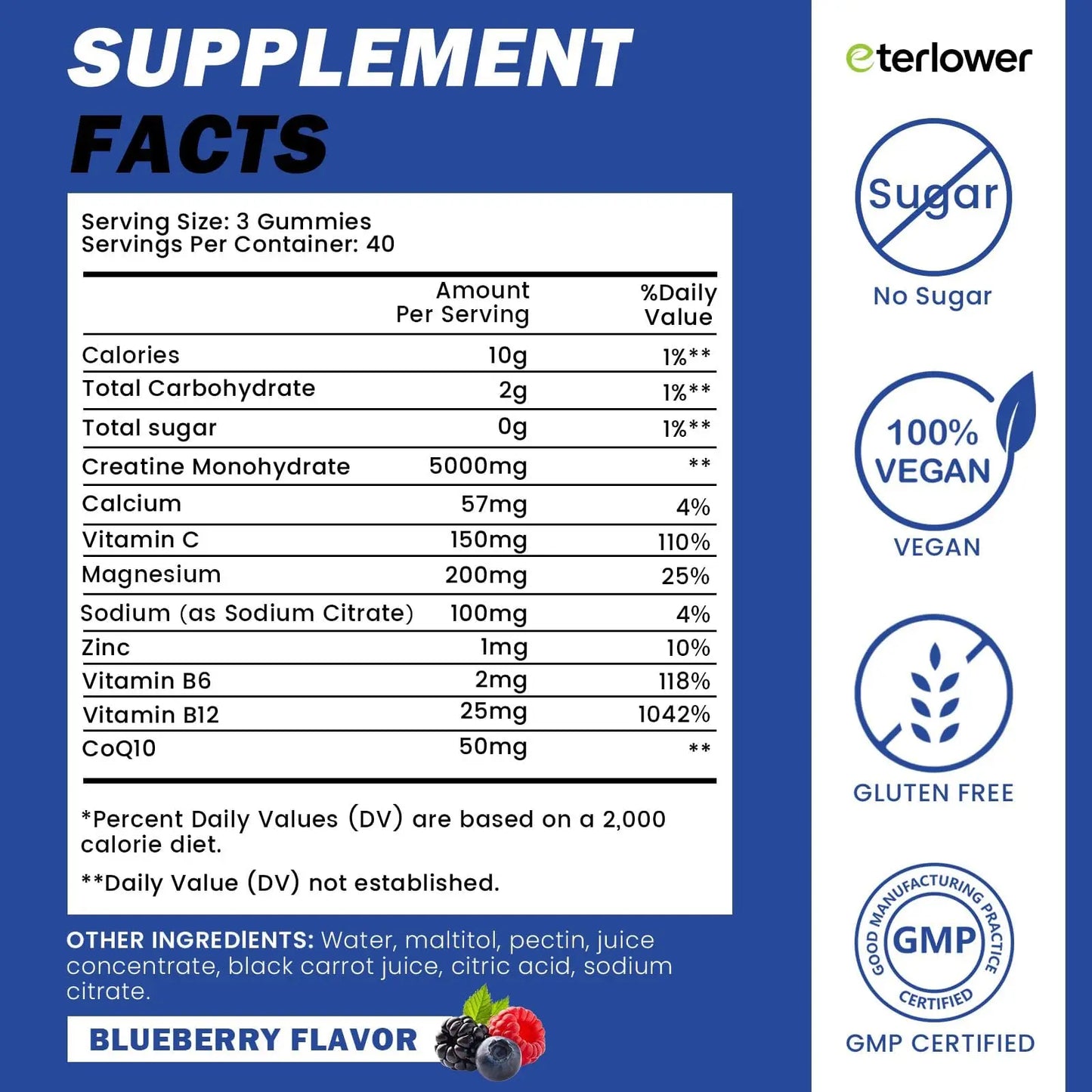 eterlower Creatine Monohydrate Gummies 5g – Pre-Workout Energy & Muscle Growth Support for Men & Women | Blueberry Electrolyte Gummies, 120 Count eterlower