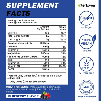 eterlower Creatine Monohydrate Gummies 5g – Pre-Workout Energy & Muscle Growth Support for Men & Women | Blueberry Electrolyte Gummies, 120 Count eterlower