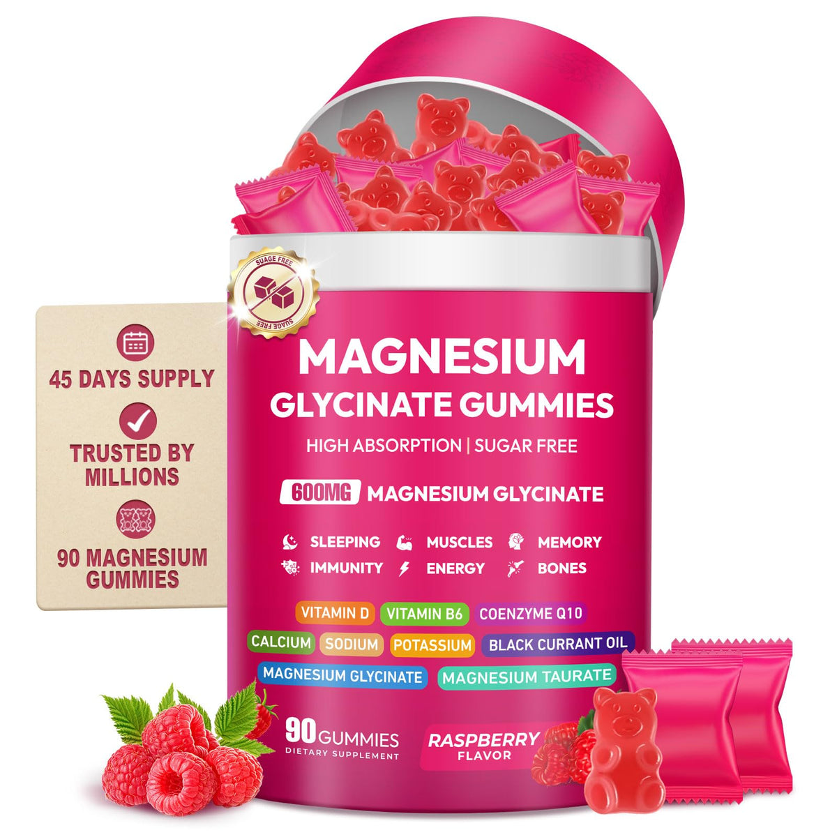 Magnesium Glycinate Gummies 600mg, High Absorption Magnesium Complex, Sugar Free Chewables Gummies with VitaminD & B6 Cytona