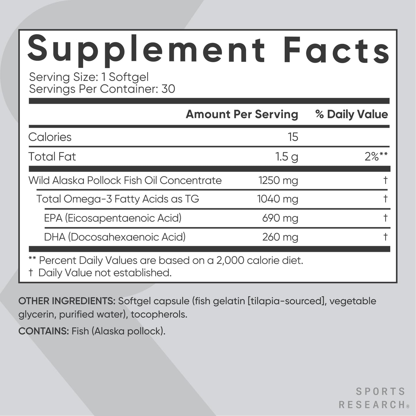 Sports Research® Omega-3 Fish Oil 1250mg from Wild Alaska Pollock, 90 Count | Always Fresh Never Fishy | 690mg EPA 260mg DHA per Softgel · Heart & Brain Health* · MSC Certified Sustainable - 90 Servings Gsupps Australia
