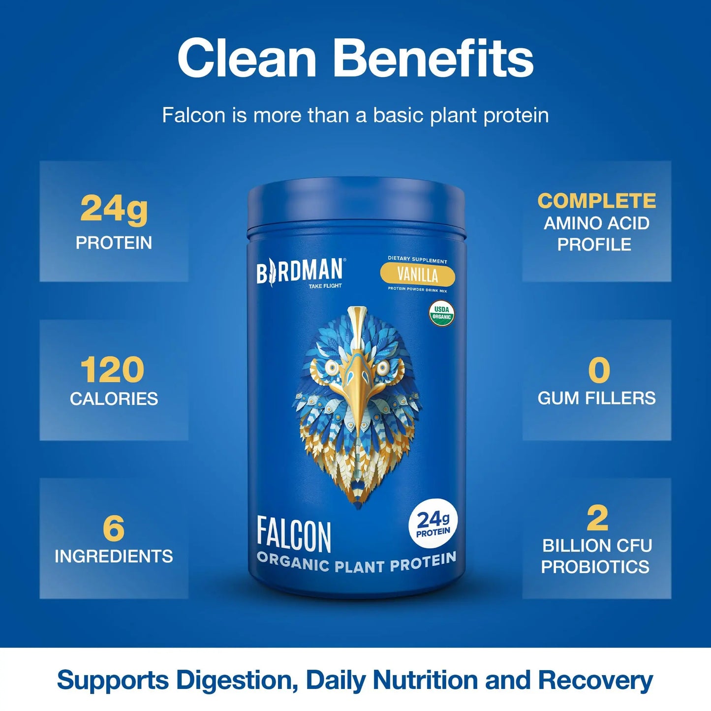 BIRDMAN Falcon Organic Vegan Protein Powder Vanilla, 24g Protein, Sugar Free, Probiotics, Low Carb, Keto Friendly, Dairy Free, Lactose Free, Non Whey BIRDMAN