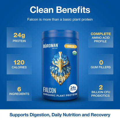 BIRDMAN Falcon Organic Vegan Protein Powder Vanilla, 24g Protein, Sugar Free, Probiotics, Low Carb, Keto Friendly, Dairy Free, Lactose Free, Non Whey BIRDMAN