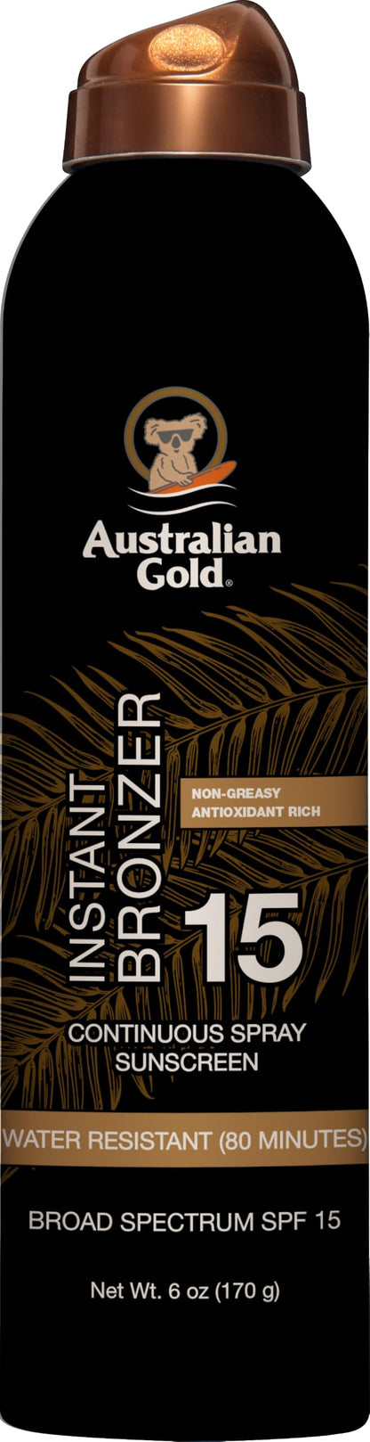 Australian Gold Continuous Spray Sunscreen SPF 15 | Instant Bronzer, 6 Fl Australian Gold