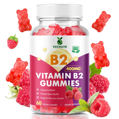 VCCHUYH Vitamin B2 Gummies for Kids & Adults, VIT B2 Riboflavin 400mg Supplement with Magnesium for Migraine Relief & Nervous System Support, Non-GMO, VCCHUYH