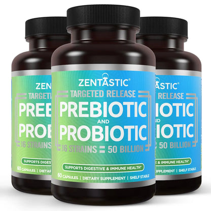 Zentastic Probiotics & Prebiotics Supplement - 50 Billion CFU - for Men & Women’s Immune & Digestive Health - 16 Strains - Shelf Stable - 180 Delayed Release Veggie Capsules Zentastic