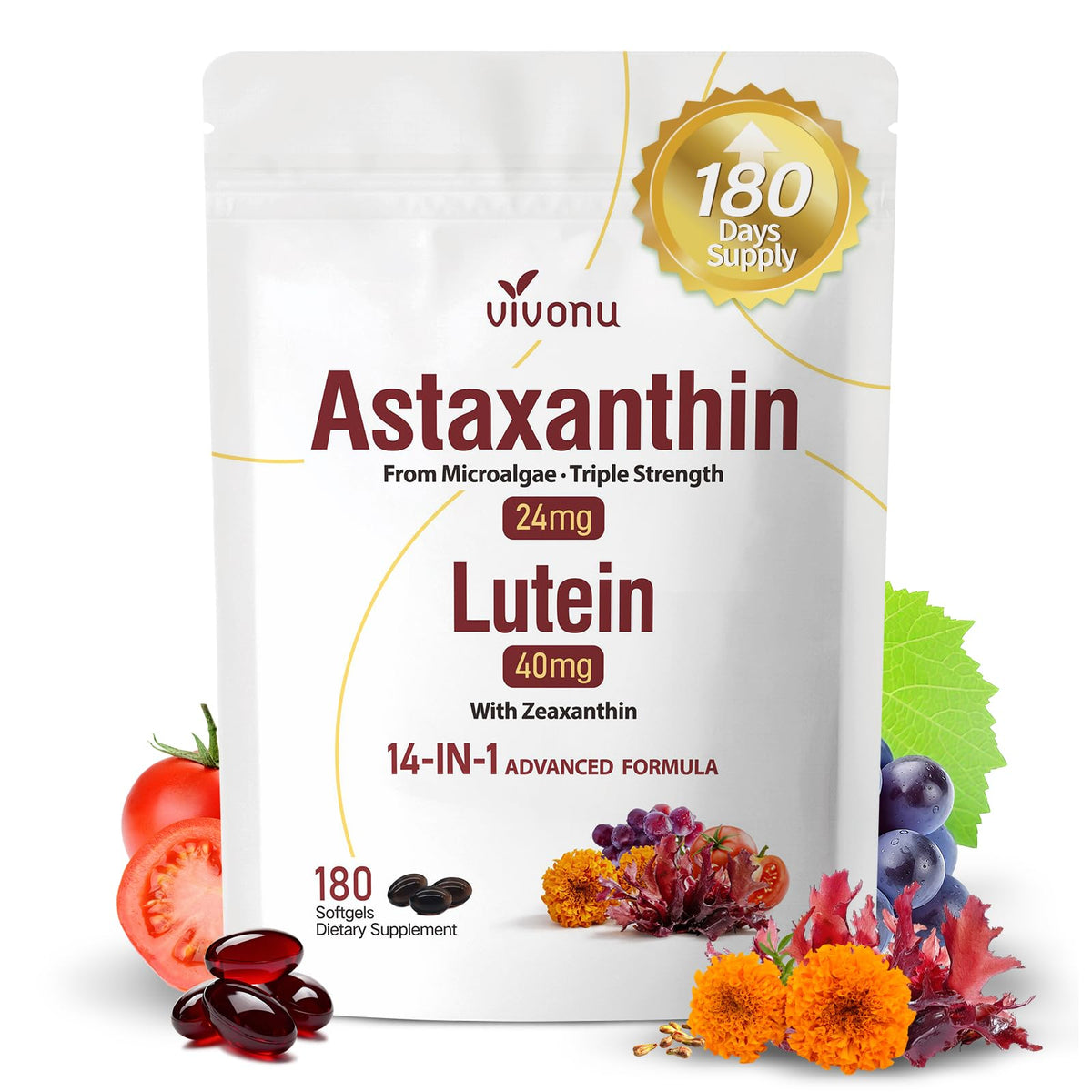 VivoNu 14-in-1 Astaxanthin 24mg & Lutein 40mg with Zeaxanthin Supplements, 6 Month Supply, Fresh Microalgae Source, Gluten Free Non-GMO, Supports Eye VivoNu