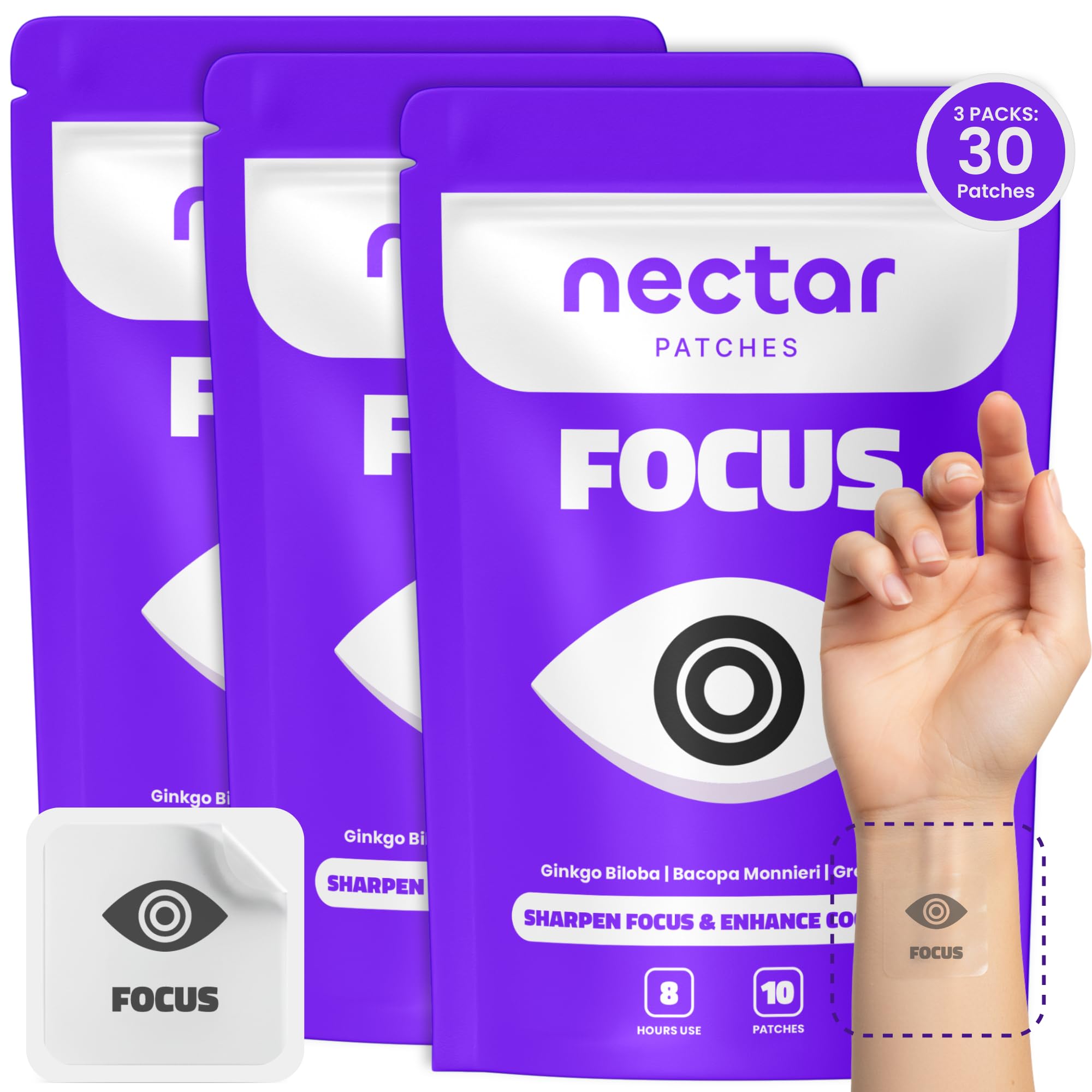 Nectar Focus Patches | Natural Cognitive Support with Ginkgo Biloba, Bacopa & Magnesium for Memory – Mental Clarity Neuro Patches for Work, Study – Clean Plant-Based Nootropic Alternative | 30 Count Nectar Patches buy australia supplements