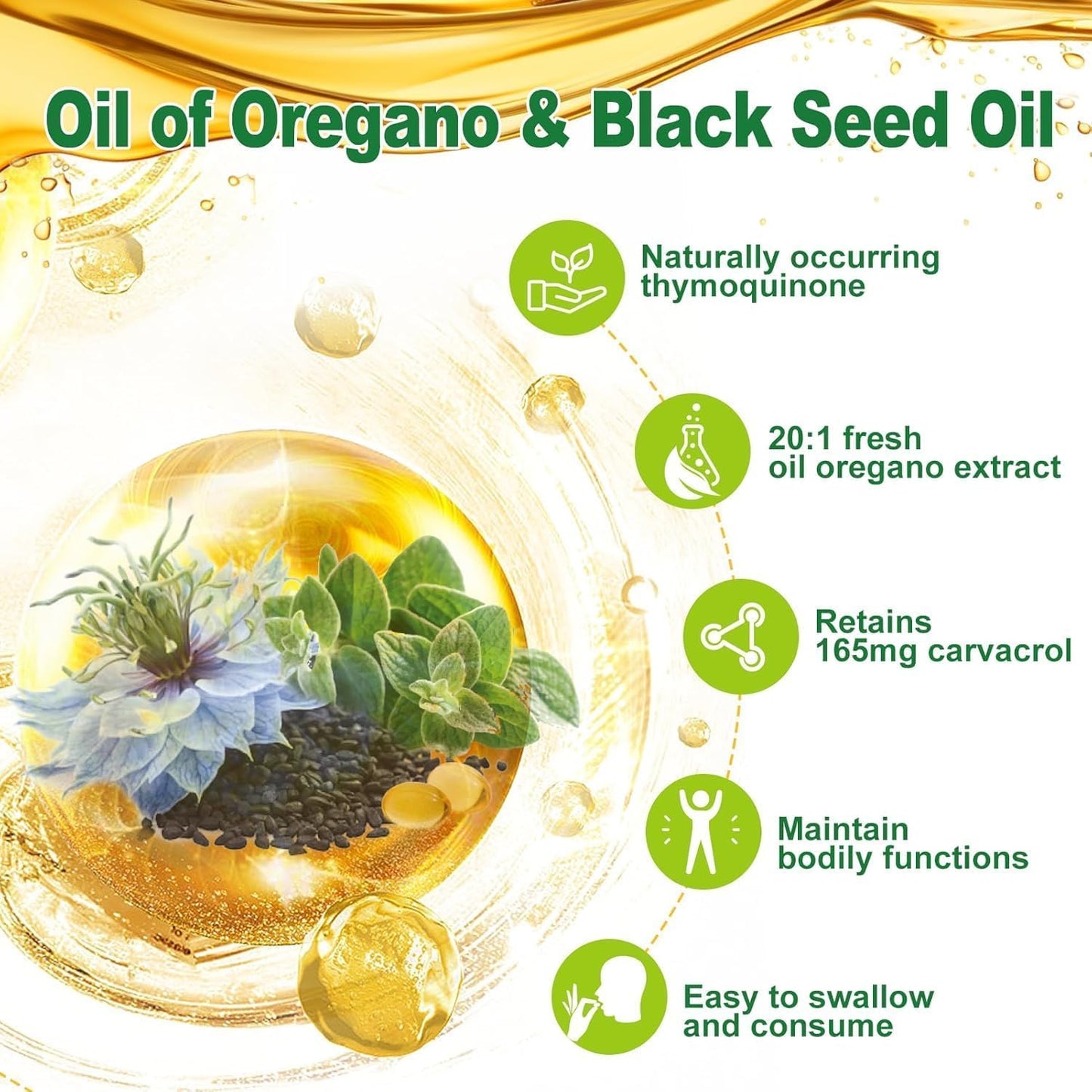 Nature's live Oil of Oregano with Black Seed Oil, 2 in 1 Oregano Supplement for Immune Health, Retains High Concentrated Carvacrol & Thymoquinone Nature's live