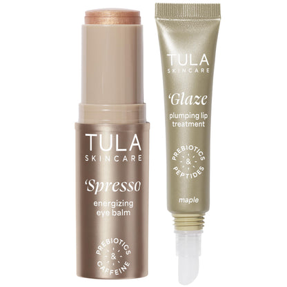 TULA Skin Care Bronzy Duo - Americano Spresso Energizing Eye Balm 0.35 oz + Maple Glaze Plumping Lip Treatment 0.28 oz, 2-Piece Kit TULA