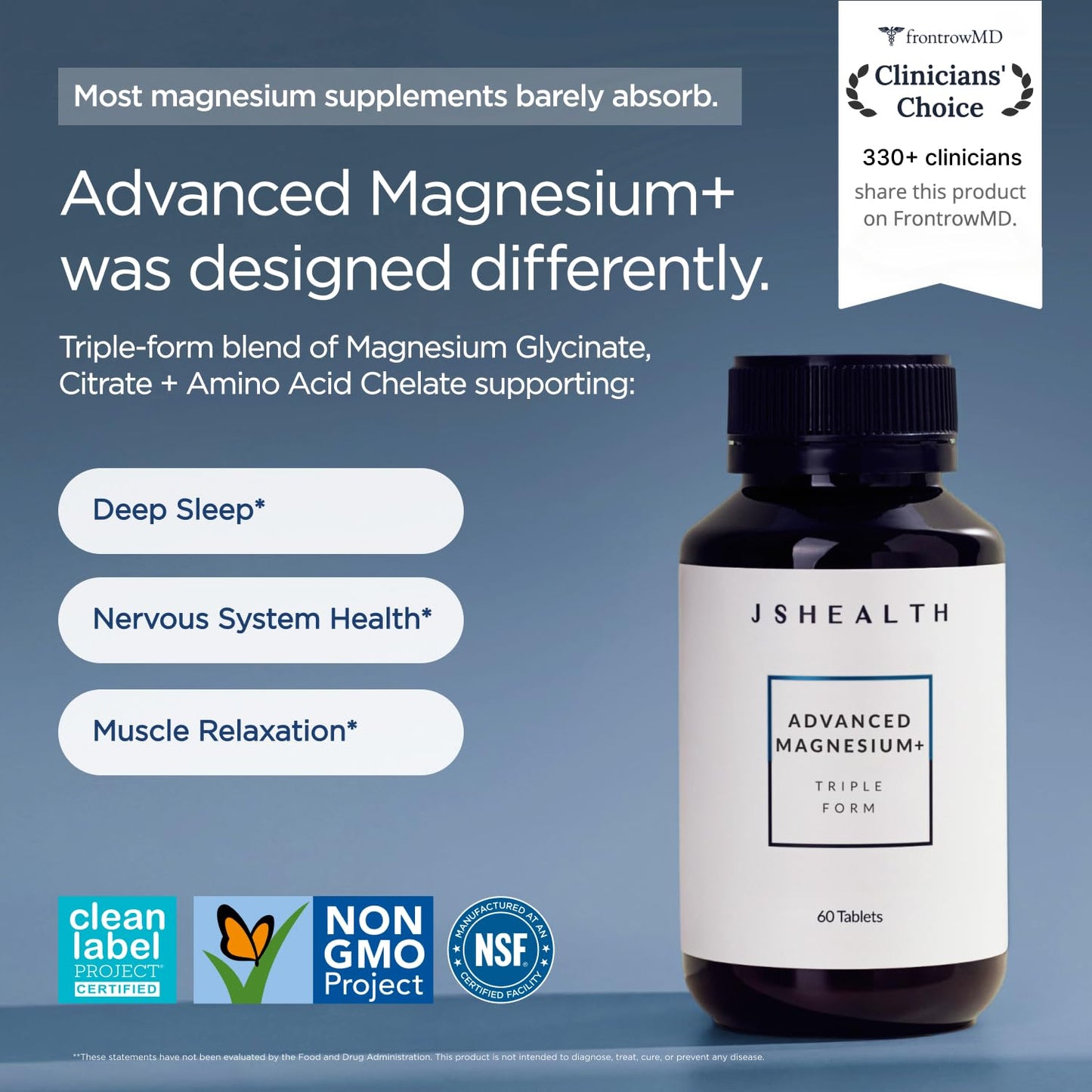 JSHealth Magnesium Supplement for Sleep. 400mg Triple-Form Glycinate, Citrate, Amino Acid Chelate JSHealth