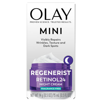 Olay Retinol 24 Face Moisturizer, Anti-Aging Night Cream for Women, Trial Size, Fragrance-Free, Non Greasy - Anti-Wrinkle, Smooth Fine Lines, Tightening Skin Care - Peptides, Glycerin, 0.5 Oz Olay
