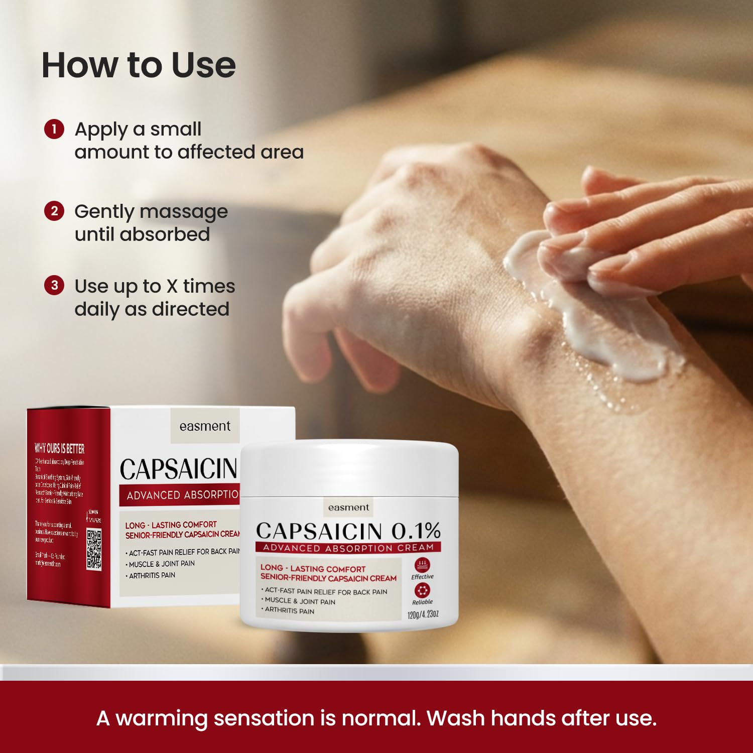 Easment Capsaicin Pain Relief Cream – Topical Arthritis & Muscle Pain Relief for Joint, Nerve & Back Pain – Medicated Pain Cream with Capsaicin 0.1% – Arnica, Aloe & Chamomile, 4.23 Fl Oz Easment buy australia supplements