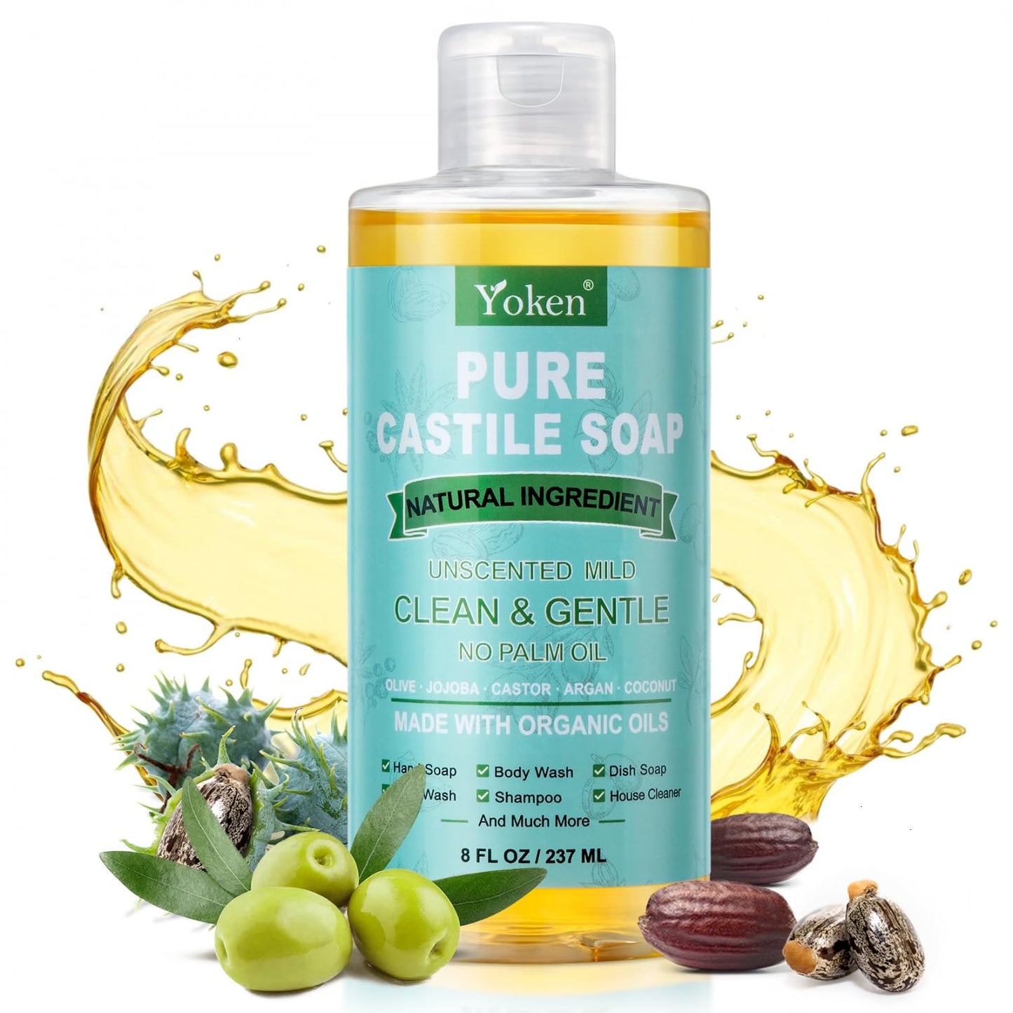 Yoken Pure Castile Liquid Soap Organic (EWG Verified, Unscented, 8 OZ), Made with Organic Oils, No Added Fragrance, Vegan, Castile Soap Liquid for Face Yoken