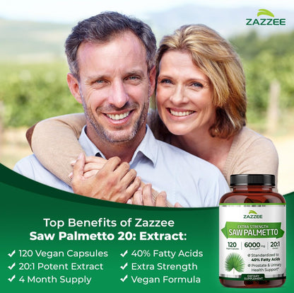 Zazzee Extra Strength Saw Palmetto 20:1 Extract, 40% Fatty Acids, 120 Vegan Capsules, 4 Month Supply, Serenoa Repens, Daily Wellness & Men’s Health Support, Herbal Supplement, Non-GMO, Made in the USA Gsupps Australia