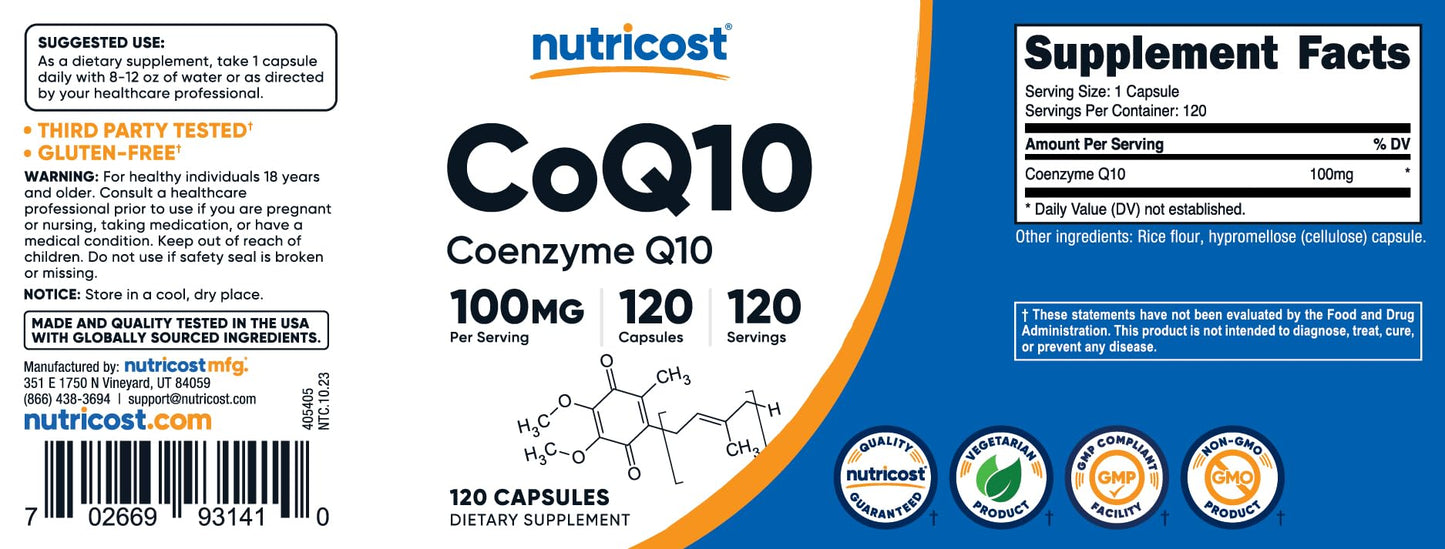 Nutricost CoQ10 100mg, 120 Vegetarian Capsules, 120 Servings - High Absorption, Vegetarian, Non-GMO, Coenzyme Q10 Nutricost