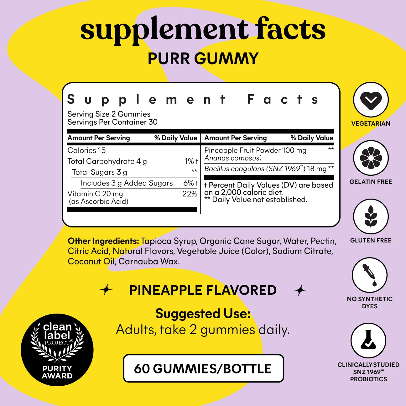 Lemme Purr Vaginal Probiotic Gummies for Women - Balanced pH, Healthy Odor, Yeast Balance & Flora Support + Vitamin C for Immune Health - Tasty Pineapple (60 Count)