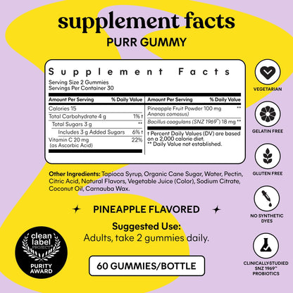 Lemme Purr Vaginal Probiotic Gummies for Women - Balanced pH, Healthy Odor, Yeast Balance & Flora Support + Vitamin C for Immune Health - Tasty Pineapple (60 Count)