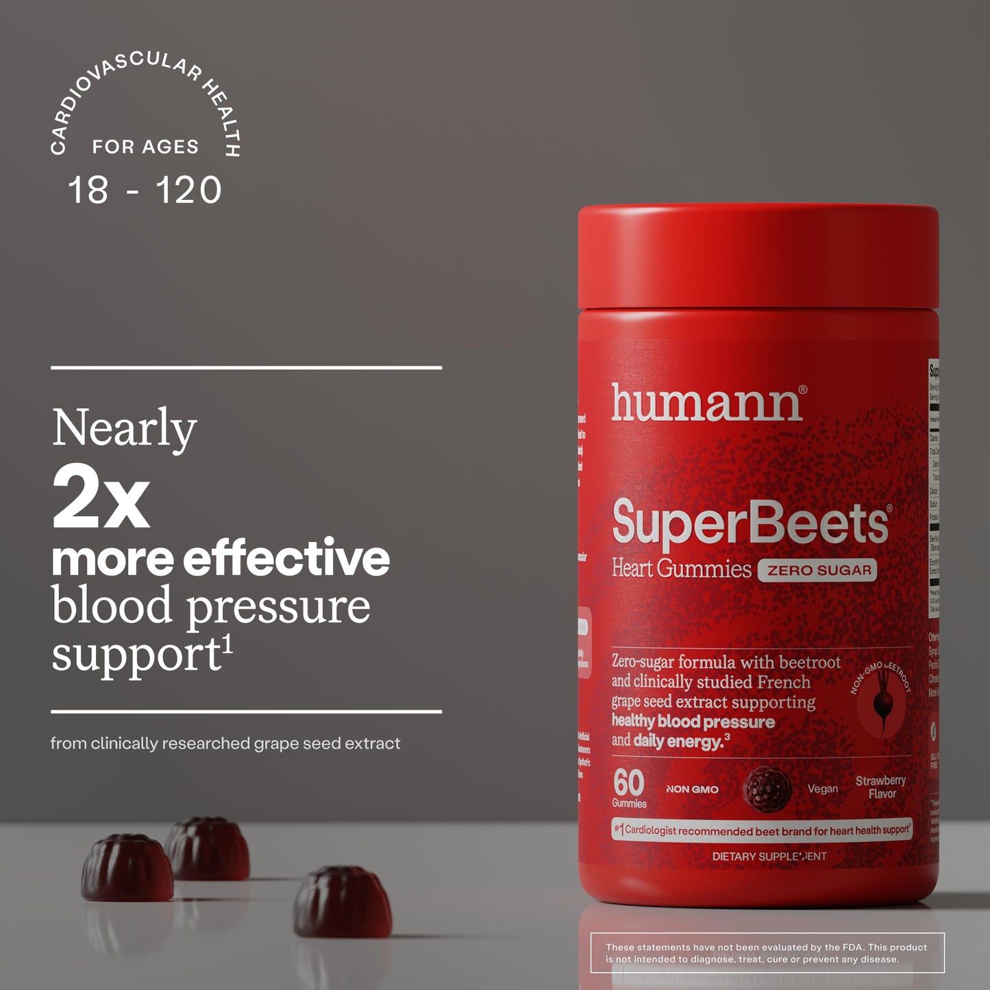 Humann SuperBeets Heart Gummies Zero Sugar - Beet Gummy with Energy Support, Grape Seed Extract & Beetroot Powder - 60 Count Humann
