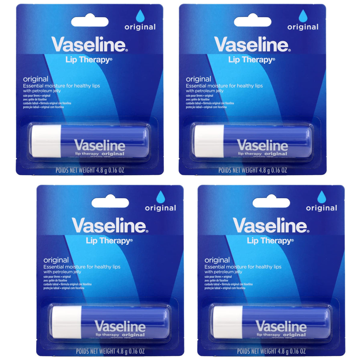 Vaseline Lip Therapy Care Original, Fast-Acting Nourishment, Ideal for Chapped, Dry, Cracked, or Damaged Lips, Lip Balm, 0.16 Ounce (Pack of 4) Vaseline
